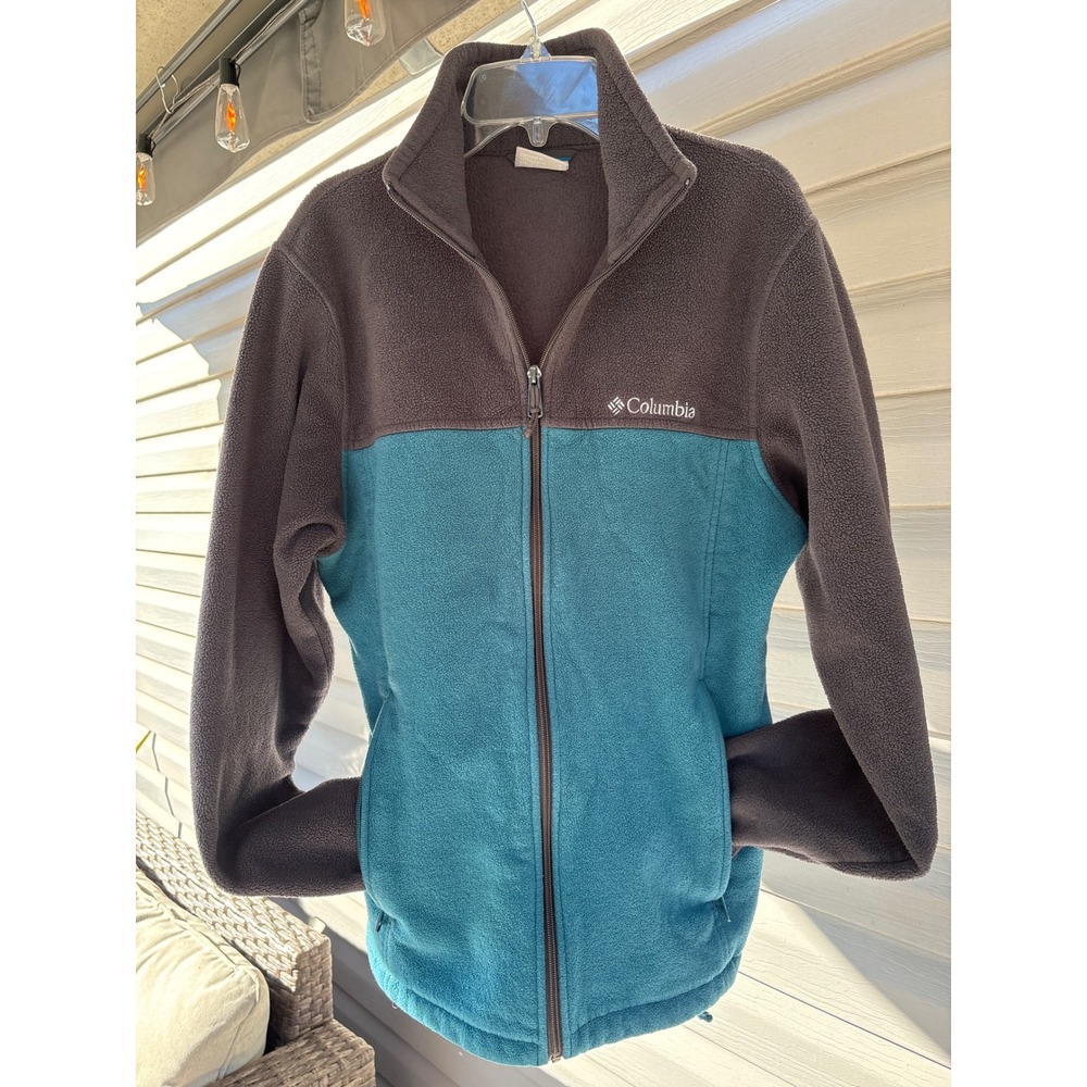 Columbia Womens Full Zip Fleece Jacket Small Teal Gray Colorblock Mock Neck